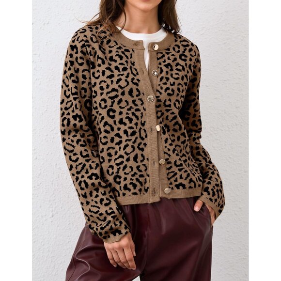 Leopard Cardigan Cotton Blend Long Sleeve Open Front Button Casual Top - Picture 2 of 6